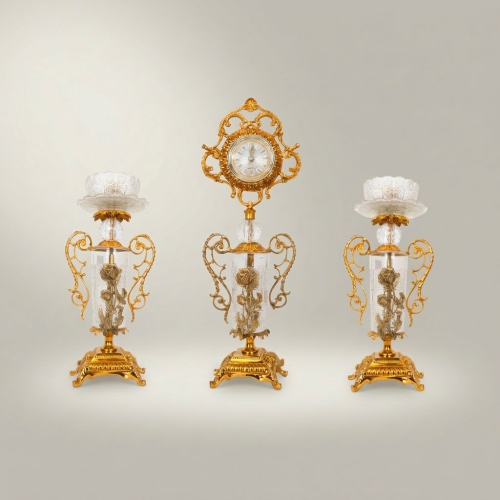 Rococo Brass & Crystal 3-Piece Clock Garniture Set with Rose Scroll Filigree