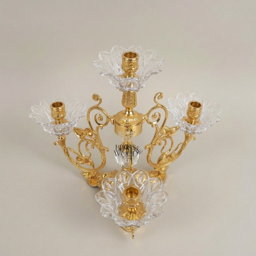 Rococo Brass & Crystal 4-Arm Candelabra with Acanthus Scroll Frame
