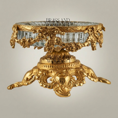 Rococo Brass & Crystal Ashtray Bowl on Ornate Scrollwork Pedestal