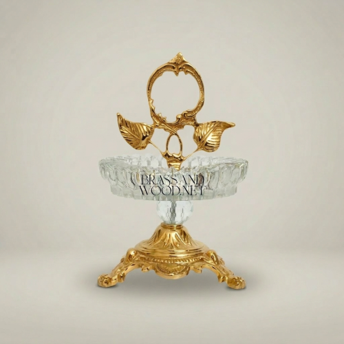 Rococo Brass Crystal Ashtray Ornate Leaf Handle Claw Feet Stand Brass and Wood Gold Front | Brass & Wood