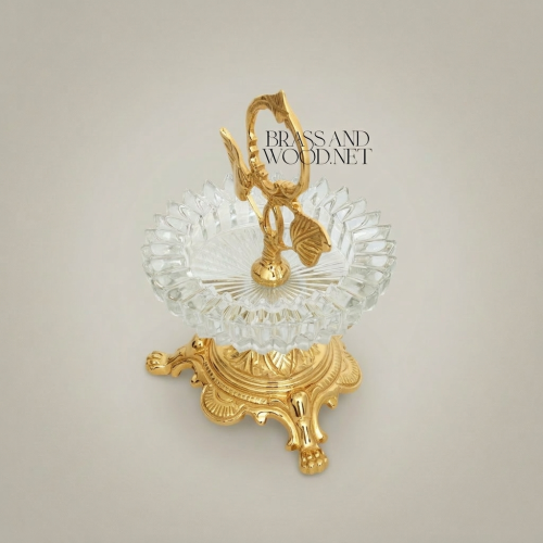 Rococo Brass Crystal Ashtray Ornate Leaf Handle Claw Feet Stand Brass and Wood Gold Front | Brass & Wood