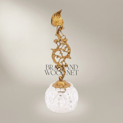 Rococo Handcrafted Brass Foliate Stem Crystal Globe Ashtray Classic European Gold Front | Brass & Wood