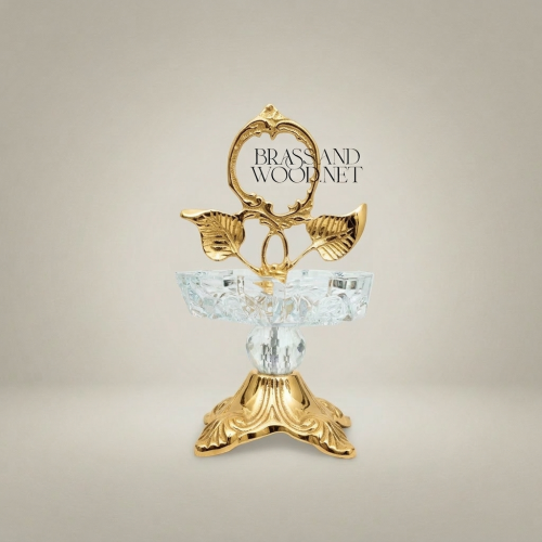 Rococo Brass & Crystal Ashtray Stand with Leaf Crown and Faceted Sphere