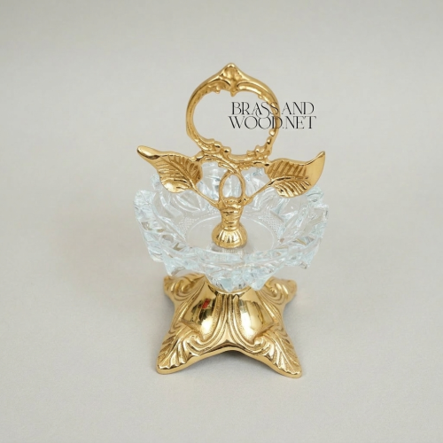 Rococo Brass & Crystal Ashtray Stand with Leaf Crown and Faceted Sphere