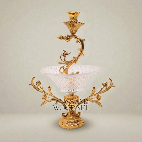 Rococo Brass and Cut-Crystal Candelabra Centrepiece with Acanthus Scroll Stem and Floral Arms Gold Front | Brass & Wood