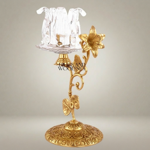 Rococo Brass & Crystal Candle Holder - Floral Stem with Engraved Round Base