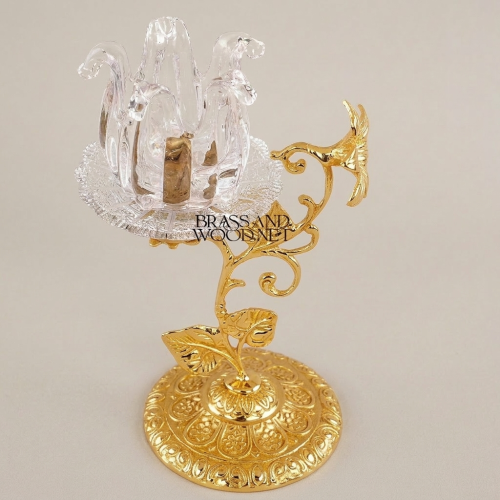 Rococo Brass & Crystal Candle Holder - Floral Stem with Engraved Round Base