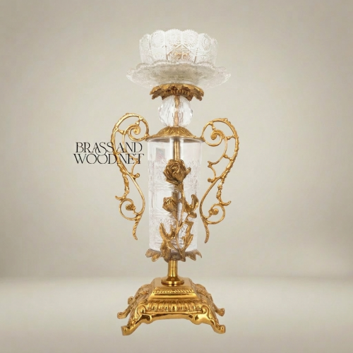 Rococo Brass Crystal Candlestick Rose Column Scroll Handles Ornate Gold Front | Brass & Wood