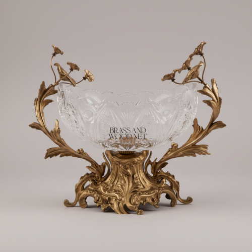 Rococo Handcrafted Brass and Crystal Centerpiece Bowl with Floral Branch Handles Ornate Acanthus Base Antique Front | Brass & Wood