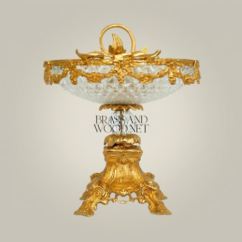 Rococo Handcrafted Brass and Crystal Centerpiece Pedestal Bowl with Floral Garland Detail Gold Front | Brass & Wood