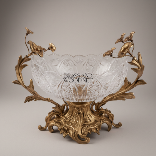Rococo Handcrafted Brass and Crystal Centerpiece Bowl with Floral Branch Handles Ornate Acanthus Base Antique Front | Brass & Wood
