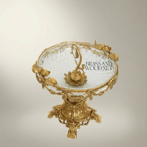 Rococo Handcrafted Brass and Crystal Centerpiece Pedestal Bowl with Floral Garland Detail Gold Front | Brass & Wood