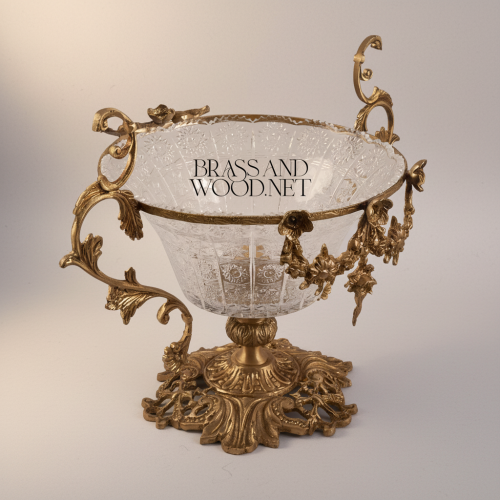 Rococo Brass Crystal Centerpiece Compote Bowl with Ornate Floral Swag Handles and Acanthus Base Antique Front | Brass & Wood
