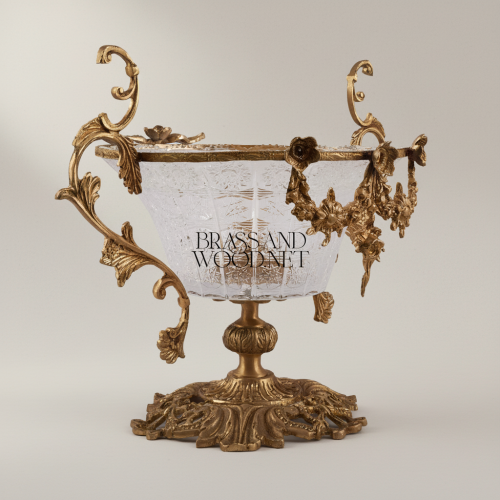Rococo Brass Crystal Centerpiece Compote Bowl with Ornate Floral Swag Handles and Acanthus Base Antique Front | Brass & Wood