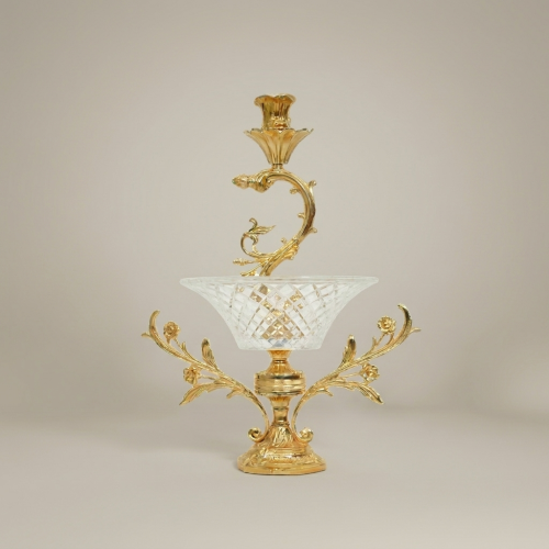 Rococo Brass & Crystal Epergne Candelabra with Floral Scroll Arms