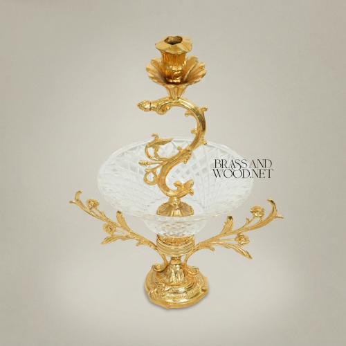 Rococo Brass & Crystal Epergne Candelabra with Floral Scroll Arms