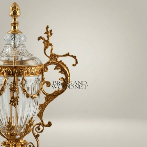 Baroque Urn Vase Crystal & Brass Scrollwork Handles and Acanthus Finial