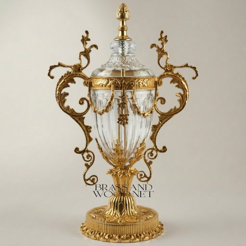 Baroque Urn Vase Crystal & Brass Scrollwork Handles and Acanthus Finial