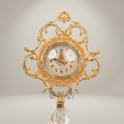 Rococo Brass & Crystal Stand Clock with Urn Base and Rose Appliqué