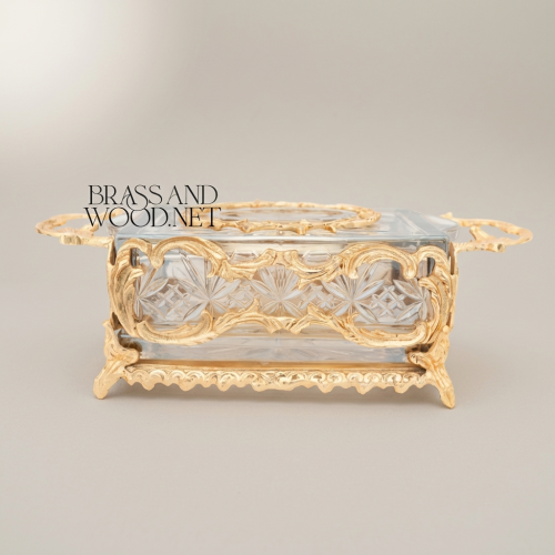 Rococo Brass Crystal Tissue Box Holder Ornate Acanthus Scroll Frame Brass and Wood Gold Front | Brass & Wood