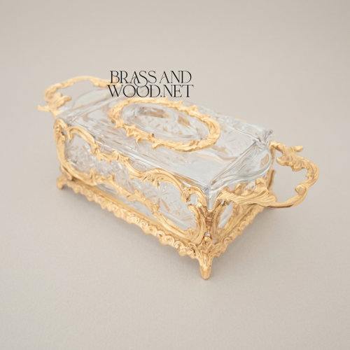 Rococo Brass Crystal Tissue Box Holder Ornate Acanthus Scroll Frame Brass and Wood Gold Front | Brass & Wood