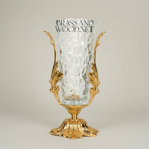 Rococo Brass Crystal Urn Vase Acanthus Scroll Handles Ornate Base Brass and Wood Gold Front | Brass & Wood