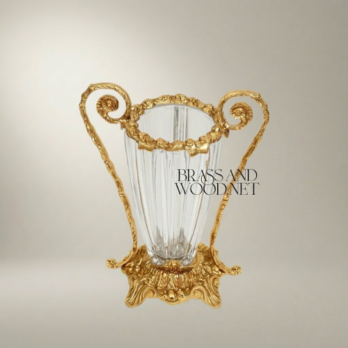 Rococo Brass & Crystal Vase with Scrolled Volute Handles