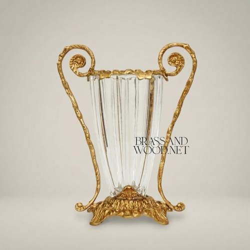 Rococo Brass & Crystal Vase with Scrolled Volute Handles