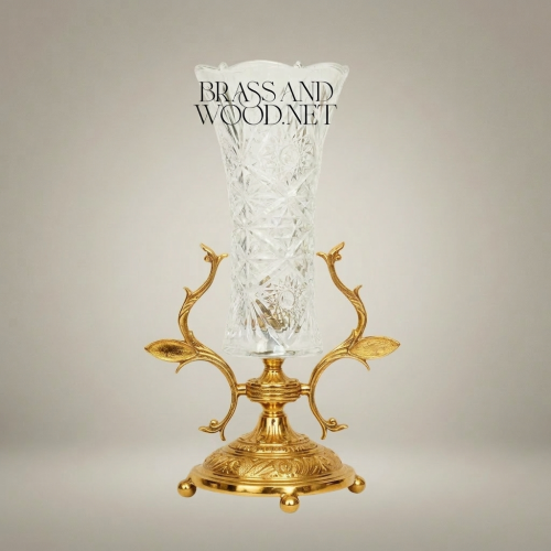 Rococo Brass & Cut Crystal Trumpet Vase with Foliate Branch Stand