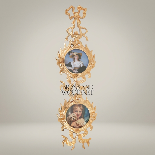 Rococo Handcrafted Brass Double Medallion Wall Frame with Ribbon Bow and Acanthus Leaf Ornamentation Gold Front | Brass & Wood