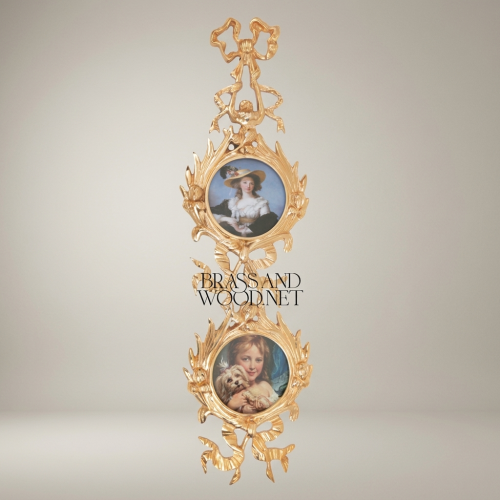 Rococo Handcrafted Brass Dual Portrait Wall Frame with Ribbon Bow and Acanthus Leaf Cascade Gold Front | Brass & Wood