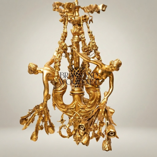 Rococo Brass Figural Chandelier with Nymph Sculptures & Acanthus Swags
