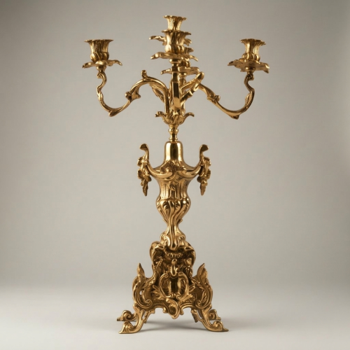 Rococo Five-Arm Brass Candelabra Acanthus Scroll Ornate Base Brass and Wood Gold Front | Brass & Wood