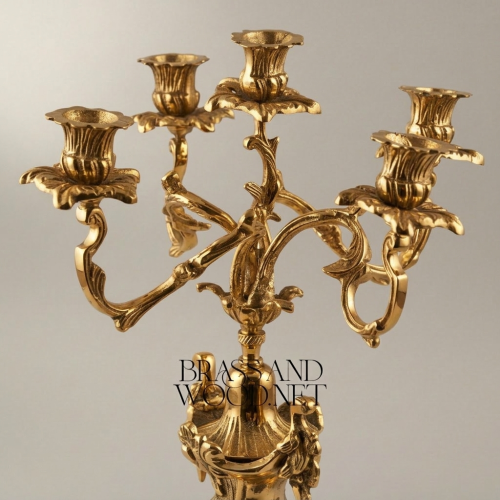 Rococo Five-Arm Brass Candelabra Acanthus Scroll Ornate Base Brass and Wood Gold Front | Brass & Wood