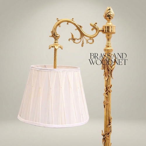 Rococo Heavily Ornate Brass Floor Lamp Scrolled Acanthus Arm Pleated Ivory Shade Classical Standing Lamp Brass and Wood Gold Front | Brass & Wood