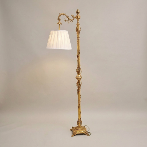 Rococo Heavily Ornate Brass Floor Lamp Scrolled Acanthus Arm Pleated Ivory Shade Classical Standing Lamp Brass and Wood Gold Front | Brass & Wood