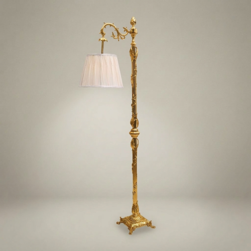 Rococo Heavily Ornate Brass Floor Lamp Swing Arm Acanthus Carved Column Off-White Pleated Shade Brass and Wood Gold Front | Brass & Wood