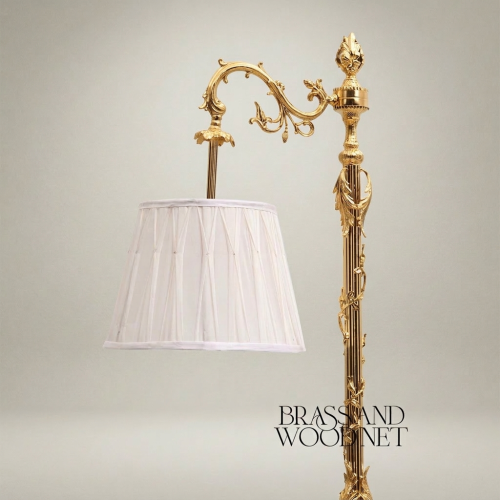 Rococo Heavily Ornate Brass Floor Lamp Swing Arm Acanthus Carved Column Off-White Pleated Shade Brass and Wood Gold Front | Brass & Wood