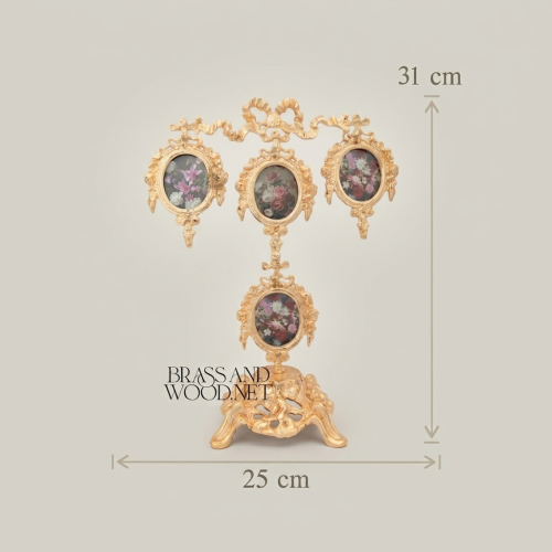 Rococo Brass Four-Oval Photo Frame Stand with Floral Bouquet Prints & Ribbon Crown