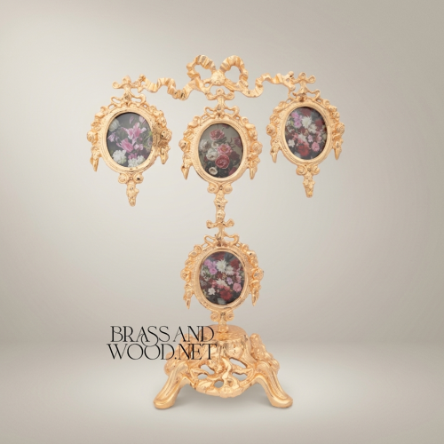 Rococo Brass Four-Oval Photo Frame Stand with Floral Bouquet Prints & Ribbon Crown