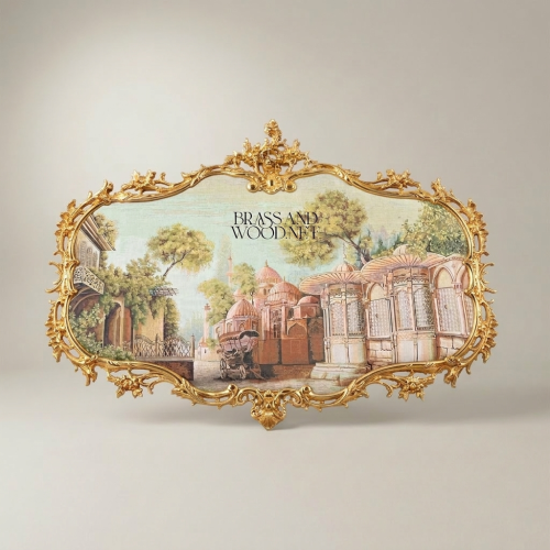 Rococo Heavily Ornate Brass Cartouche Frame with Oriental Cityscape Tapestry Brass and Wood Gold Front | Brass & Wood
