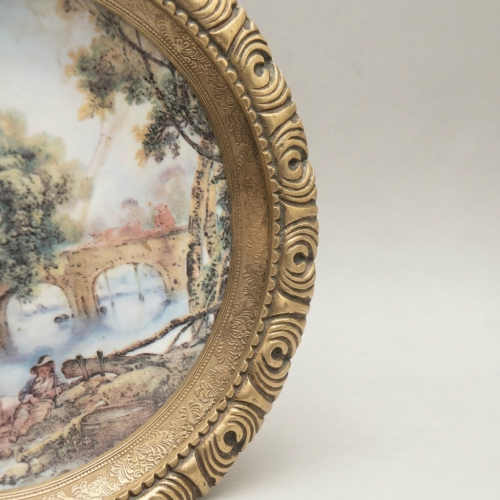 Rococo Brass Framed Porcelain Decorative Wall Plate - Pastoral Landscape Scene