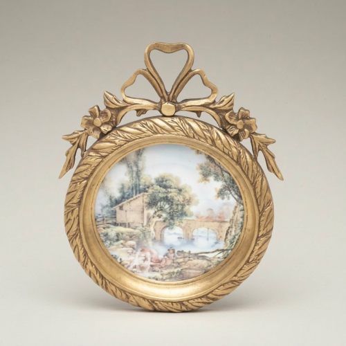 Rococo Brass Framed Porcelain Decorative Wall Plate - Pastoral Landscape Scene