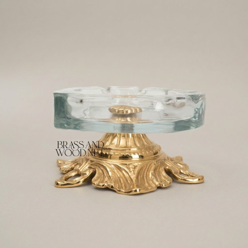 Rococo Classical Brass and Glass Ashtray with Acanthus Sculpted Base Gold Front | Brass & Wood