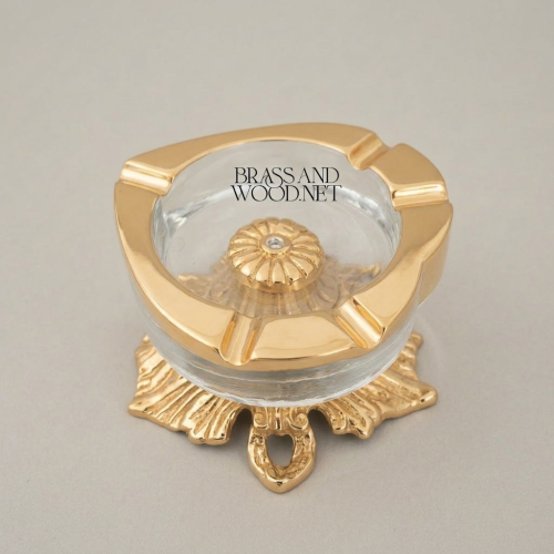 Rococo Classical Brass and Glass Ashtray with Acanthus Sculpted Base Gold Front | Brass & Wood