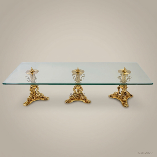 Rococo Gilded Brass Triple Pedestal Glass Coffee Table Brass & Wood Front View | Brass & Wood