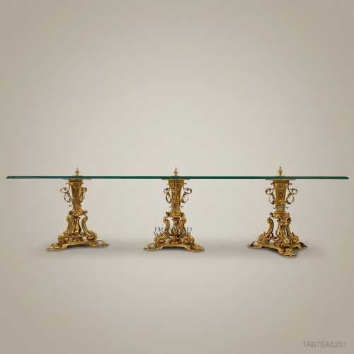 Rococo Gilded Brass Triple Pedestal Glass Coffee Table Brass & Wood Front View | Brass & Wood