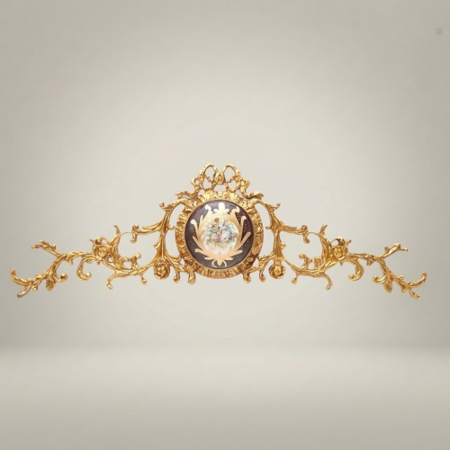 Rococo Brass Headboard Crown Topper with Porcelain Floral Medallion and Acanthus Scroll Ornament Gold Front | Brass & Wood