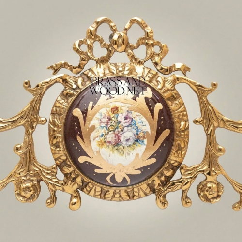 Rococo Brass Headboard Crown Topper with Porcelain Floral Medallion and Acanthus Scroll Ornament Gold Front | Brass & Wood