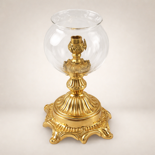 Rococo Brass Hurricane Candleholder with Globe Glass Shade and Acanthus Base